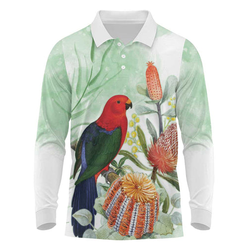 King Parrot Australia Long Sleeve Polo Shirt Alisterus Scapularis Banksia Watercolor - Aussie Hoodie