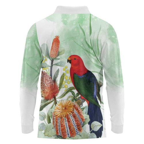 King Parrot Australia Long Sleeve Polo Shirt Alisterus Scapularis Banksia Watercolor - Aussie Hoodie