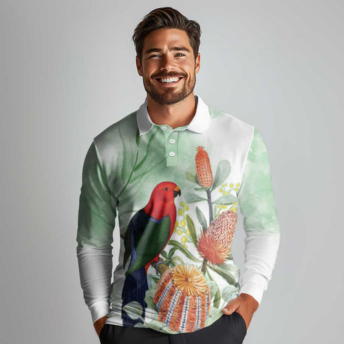 King Parrot Australia Long Sleeve Polo Shirt Alisterus Scapularis Banksia Watercolor - Aussie Hoodie