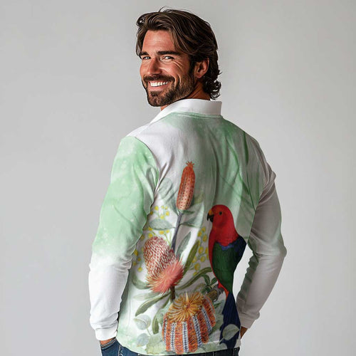 King Parrot Australia Long Sleeve Polo Shirt Alisterus Scapularis Banksia Watercolor - Aussie Hoodie