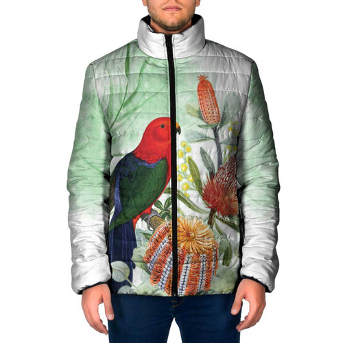 King Parrot Australia Padded Jacket Alisterus Scapularis Banksia Watercolor - Aussie Hoodie