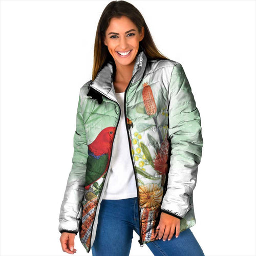King Parrot Australia Padded Jacket Alisterus Scapularis Banksia Watercolor - Aussie Hoodie