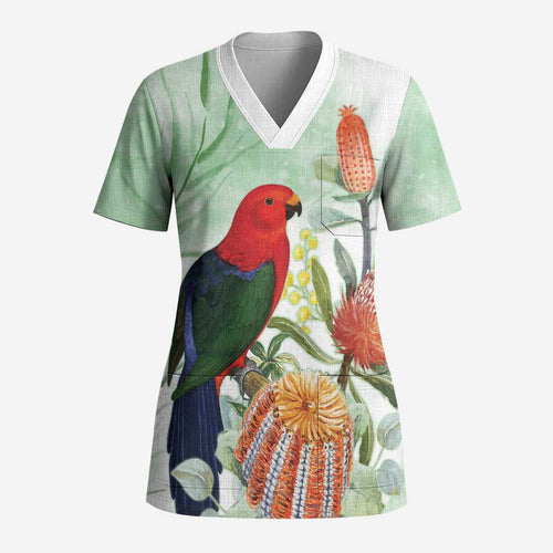 King Parrot Australia Scrub Top Alisterus Scapularis Banksia Watercolor - Aussie Hoodie
