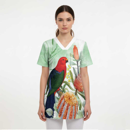 King Parrot Australia Scrub Top Alisterus Scapularis Banksia Watercolor - Aussie Hoodie