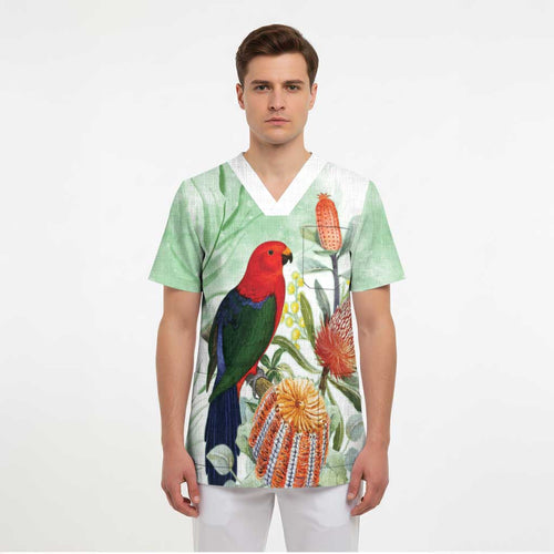 King Parrot Australia Scrub Top Alisterus Scapularis Banksia Watercolor - Aussie Hoodie