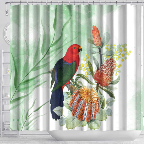 King Parrot Australia Shower Curtain Alisterus Scapularis Banksia Watercolor - Aussie Hoodie