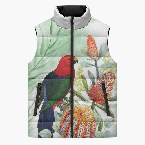 King Parrot Australia Sleeveless Puffer Jacket Alisterus Scapularis Banksia Watercolor - Aussie Hoodie