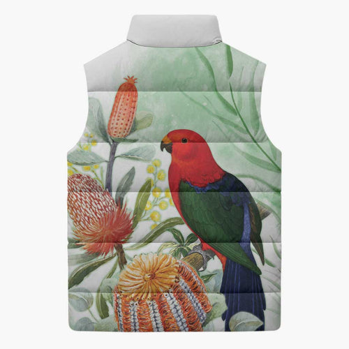 King Parrot Australia Sleeveless Puffer Jacket Alisterus Scapularis Banksia Watercolor - Aussie Hoodie