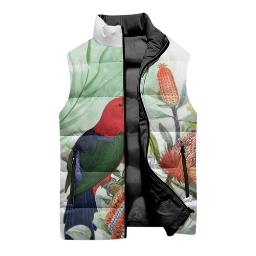 King Parrot Australia Sleeveless Puffer Jacket Alisterus Scapularis Banksia Watercolor - Aussie Hoodie