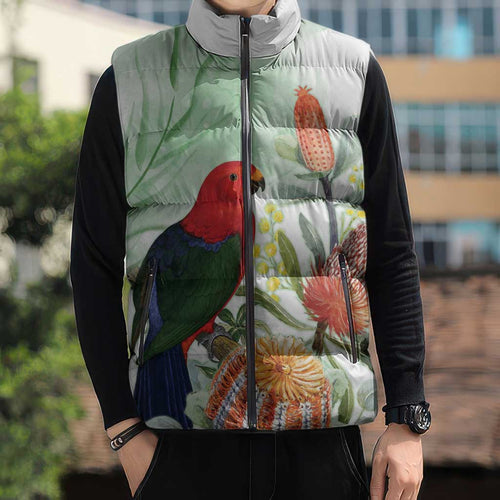 King Parrot Australia Sleeveless Puffer Jacket Alisterus Scapularis Banksia Watercolor - Aussie Hoodie