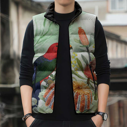 King Parrot Australia Sleeveless Puffer Jacket Alisterus Scapularis Banksia Watercolor - Aussie Hoodie