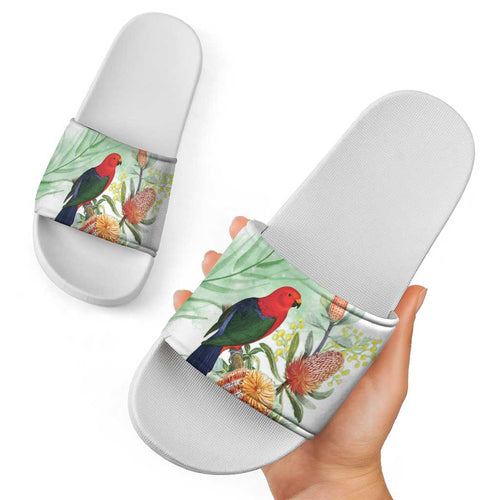 King Parrot Australia Slide Sandals Alisterus Scapularis Banksia Watercolor - Aussie Hoodie