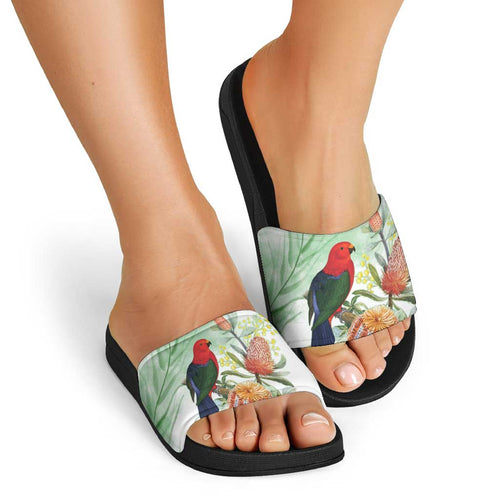 King Parrot Australia Slide Sandals Alisterus Scapularis Banksia Watercolor - Aussie Hoodie