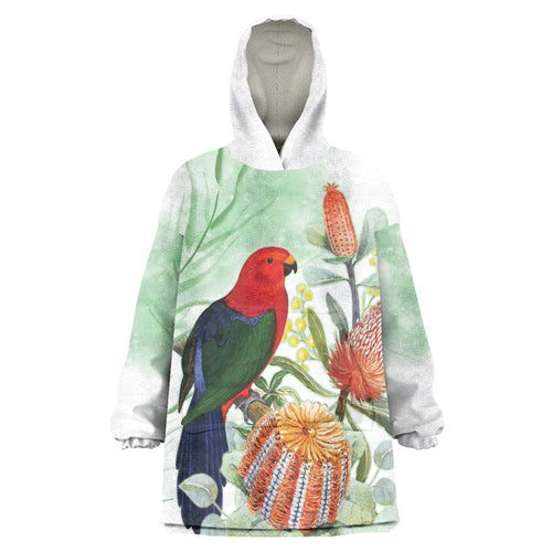 King Parrot Australia Wearable Blanket Hoodie Alisterus Scapularis Banksia Watercolor - Aussie Hoodie