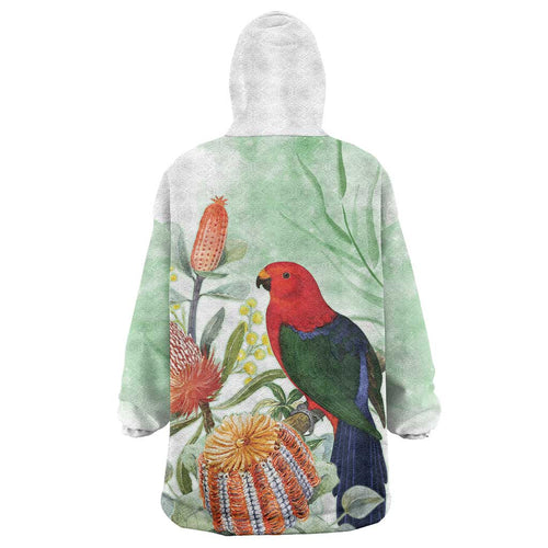 King Parrot Australia Wearable Blanket Hoodie Alisterus Scapularis Banksia Watercolor - Aussie Hoodie