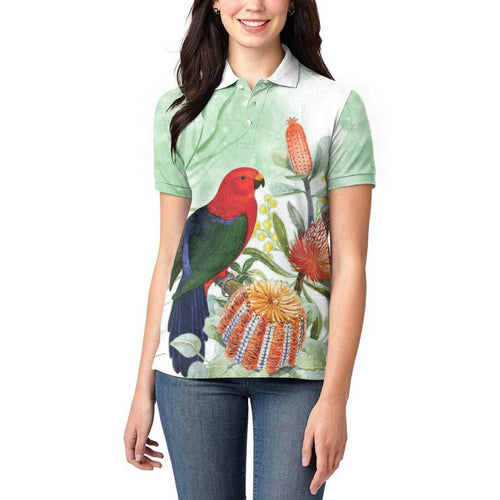 King Parrot Australia Women Polo Shirt Alisterus Scapularis Banksia Watercolor - Aussie Hoodie