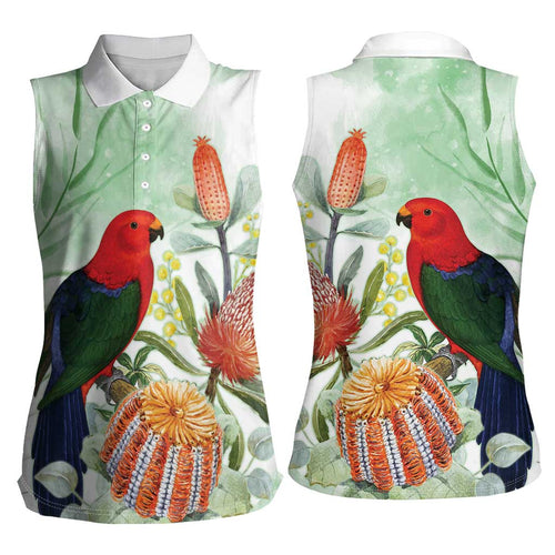 King Parrot Australia Women Sleeveless Polo Shirt Alisterus Scapularis Banksia Watercolor - Aussie Hoodie