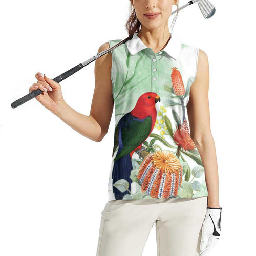 King Parrot Australia Women Sleeveless Polo Shirt Alisterus Scapularis Banksia Watercolor - Aussie Hoodie