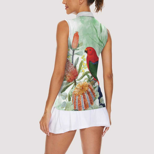 King Parrot Australia Women Sleeveless Polo Shirt Alisterus Scapularis Banksia Watercolor - Aussie Hoodie
