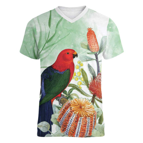 King Parrot Australia Women V-Neck T-Shirt Alisterus Scapularis Banksia Watercolor - Aussie Hoodie