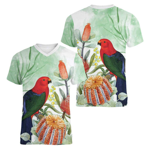 King Parrot Australia Women V-Neck T-Shirt Alisterus Scapularis Banksia Watercolor - Aussie Hoodie