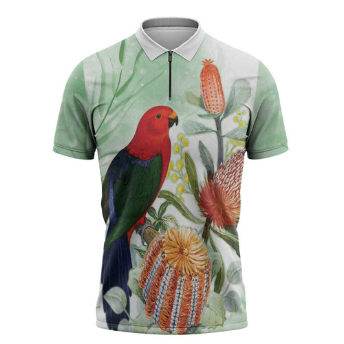 King Parrot Australia Zipper Polo Shirt Alisterus Scapularis Banksia Watercolor - Aussie Hoodie
