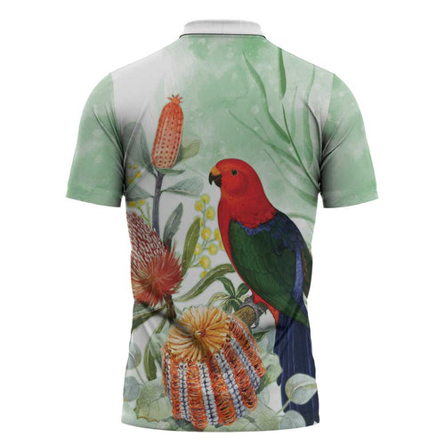 King Parrot Australia Zipper Polo Shirt Alisterus Scapularis Banksia Watercolor - Aussie Hoodie