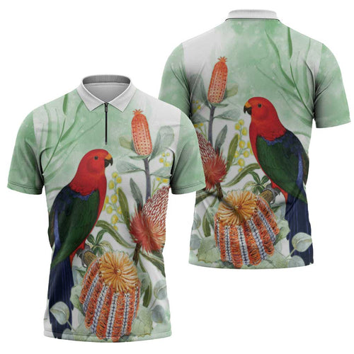 King Parrot Australia Zipper Polo Shirt Alisterus Scapularis Banksia Watercolor - Aussie Hoodie