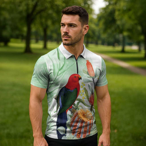 King Parrot Australia Zipper Polo Shirt Alisterus Scapularis Banksia Watercolor - Aussie Hoodie