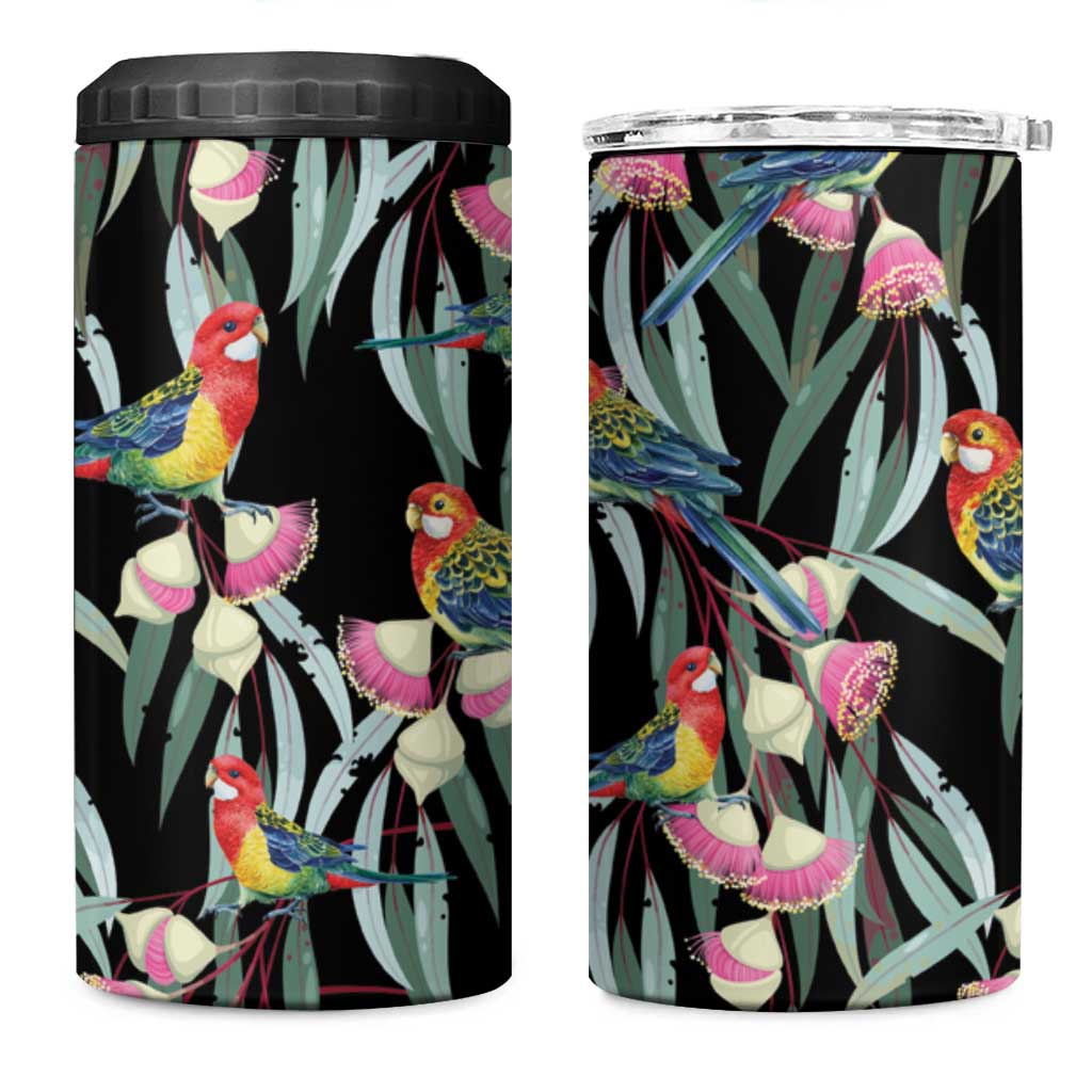 Eastern Rosella Australia 4 in 1 Can Cooler Tumbler Eucalyptus Blossom Seamless Style - Aussie Hoodie
