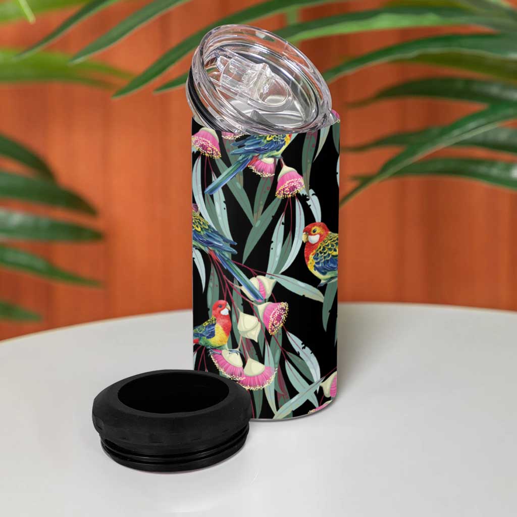 Eastern Rosella Australia 4 in 1 Can Cooler Tumbler Eucalyptus Blossom Seamless Style - Aussie Hoodie