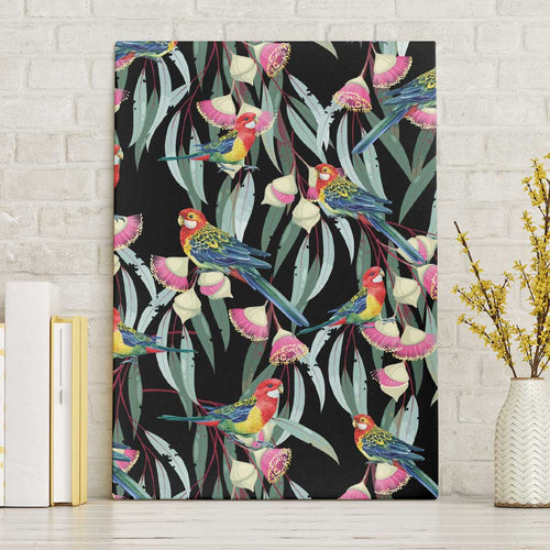 Eastern Rosella Australia Canvas Wall Art Eucalyptus Blossom Seamless Style - Aussie Hoodie