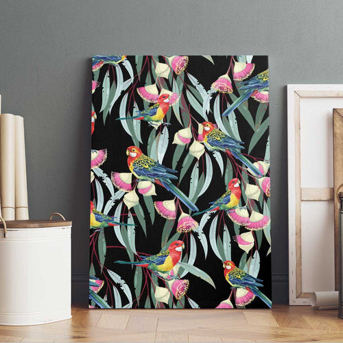 Eastern Rosella Australia Canvas Wall Art Eucalyptus Blossom Seamless Style - Aussie Hoodie