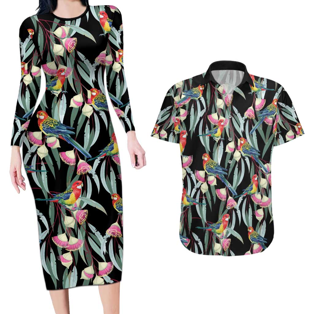 Eastern Rosella Australia Couples Matching Long Sleeve Bodycon Dress and Hawaiian Shirt Eucalyptus Blossom Seamless Style - Aussie Hoodie