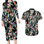 Eastern Rosella Australia Couples Matching Long Sleeve Bodycon Dress and Hawaiian Shirt Eucalyptus Blossom Seamless Style - Aussie Hoodie