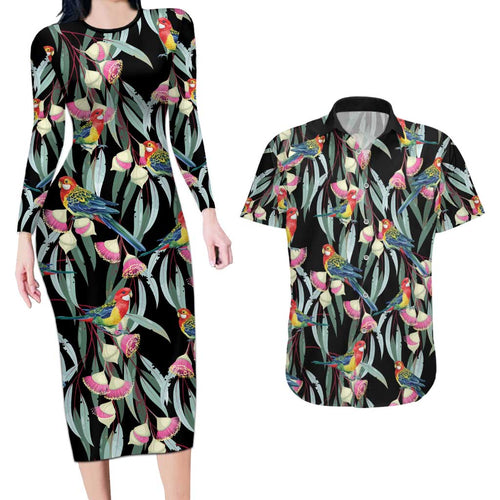 Eastern Rosella Australia Couples Matching Long Sleeve Bodycon Dress and Hawaiian Shirt Eucalyptus Blossom Seamless Style - Aussie Hoodie