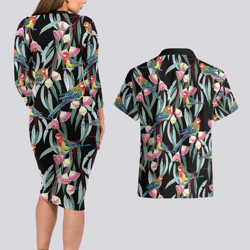 Eastern Rosella Australia Couples Matching Long Sleeve Bodycon Dress and Hawaiian Shirt Eucalyptus Blossom Seamless Style - Aussie Hoodie