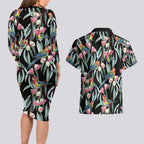 Eastern Rosella Australia Couples Matching Long Sleeve Bodycon Dress and Hawaiian Shirt Eucalyptus Blossom Seamless Style - Aussie Hoodie