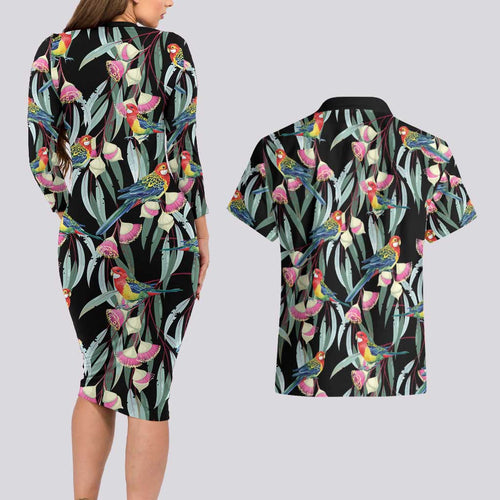 Eastern Rosella Australia Couples Matching Long Sleeve Bodycon Dress and Hawaiian Shirt Eucalyptus Blossom Seamless Style - Aussie Hoodie