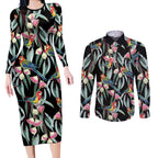 Eastern Rosella Australia Couples Matching Long Sleeve Bodycon Dress and Long Sleeve Button Shirt Eucalyptus Blossom Seamless Style - Aussie Hoodie