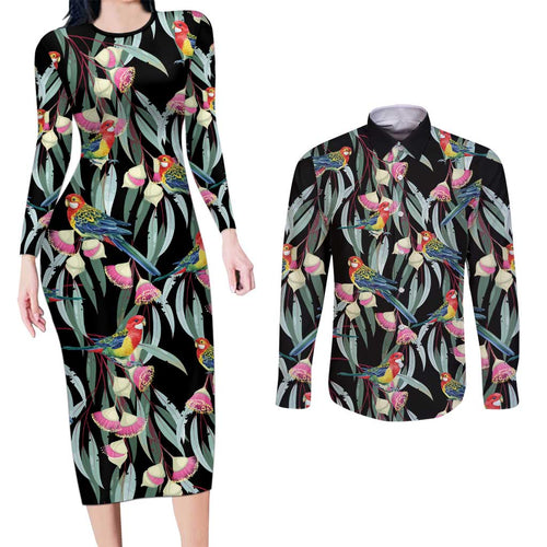 Eastern Rosella Australia Couples Matching Long Sleeve Bodycon Dress and Long Sleeve Button Shirt Eucalyptus Blossom Seamless Style - Aussie Hoodie