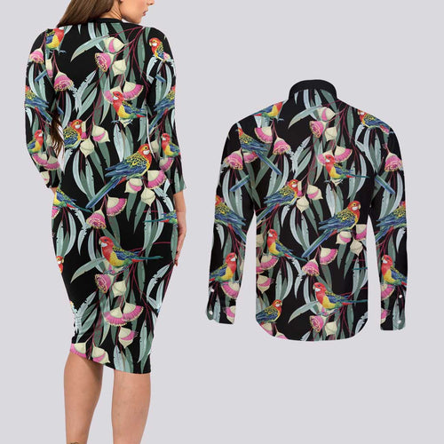 Eastern Rosella Australia Couples Matching Long Sleeve Bodycon Dress and Long Sleeve Button Shirt Eucalyptus Blossom Seamless Style - Aussie Hoodie