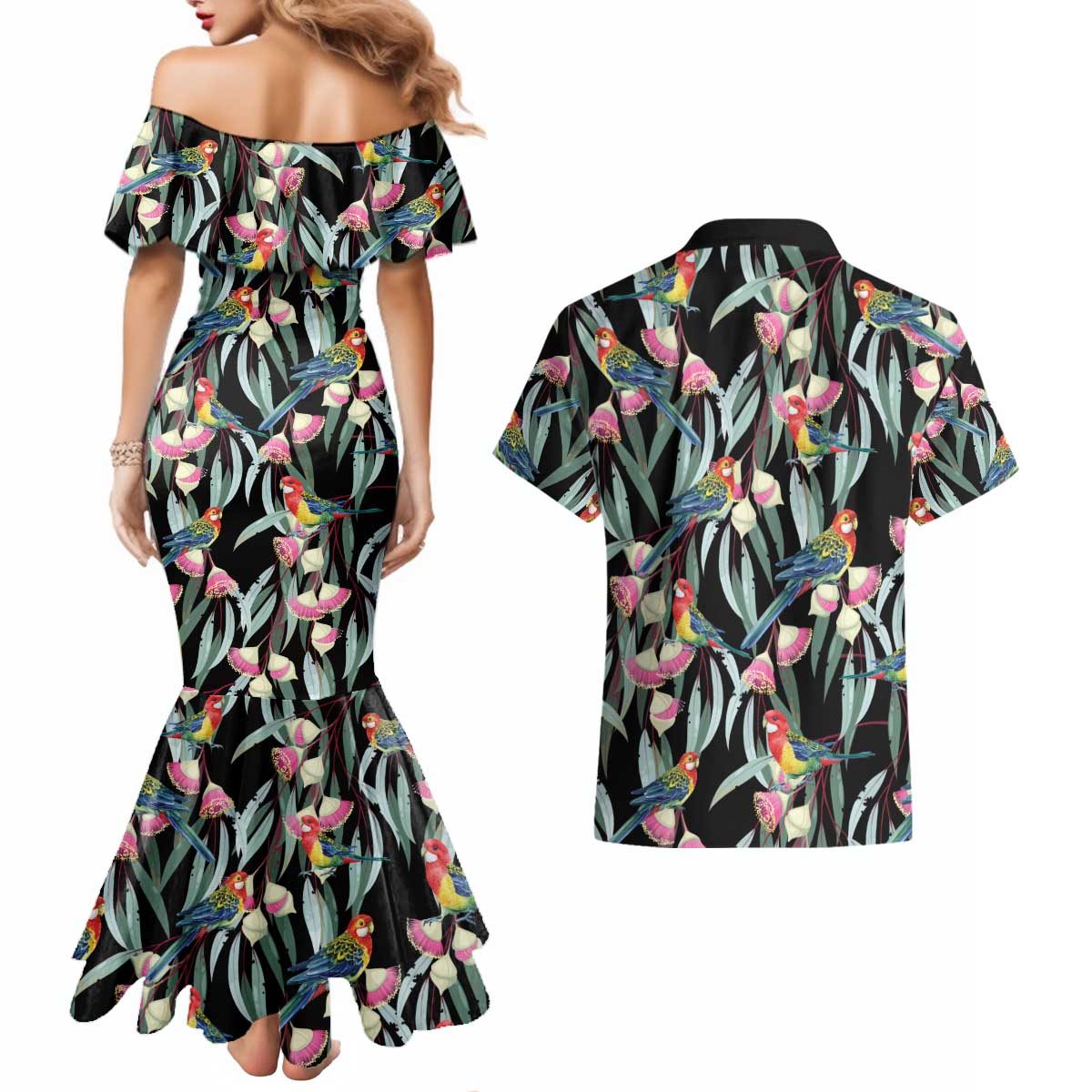 Eastern Rosella Australia Couples Matching Mermaid Dress and Hawaiian Shirt Eucalyptus Blossom Seamless Style - Aussie Hoodie