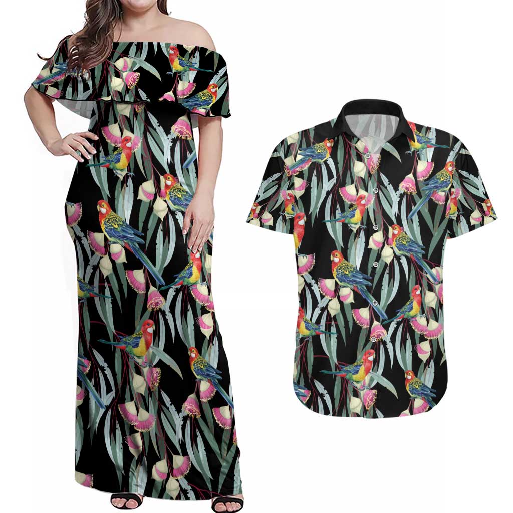 Eastern Rosella Australia Couples Matching Off Shoulder Maxi Dress and Hawaiian Shirt Eucalyptus Blossom Seamless Style - Aussie Hoodie