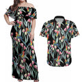 Eastern Rosella Australia Couples Matching Off Shoulder Maxi Dress and Hawaiian Shirt Eucalyptus Blossom Seamless Style - Aussie Hoodie