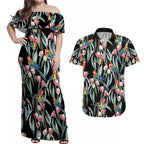 Eastern Rosella Australia Couples Matching Off Shoulder Maxi Dress and Hawaiian Shirt Eucalyptus Blossom Seamless Style - Aussie Hoodie