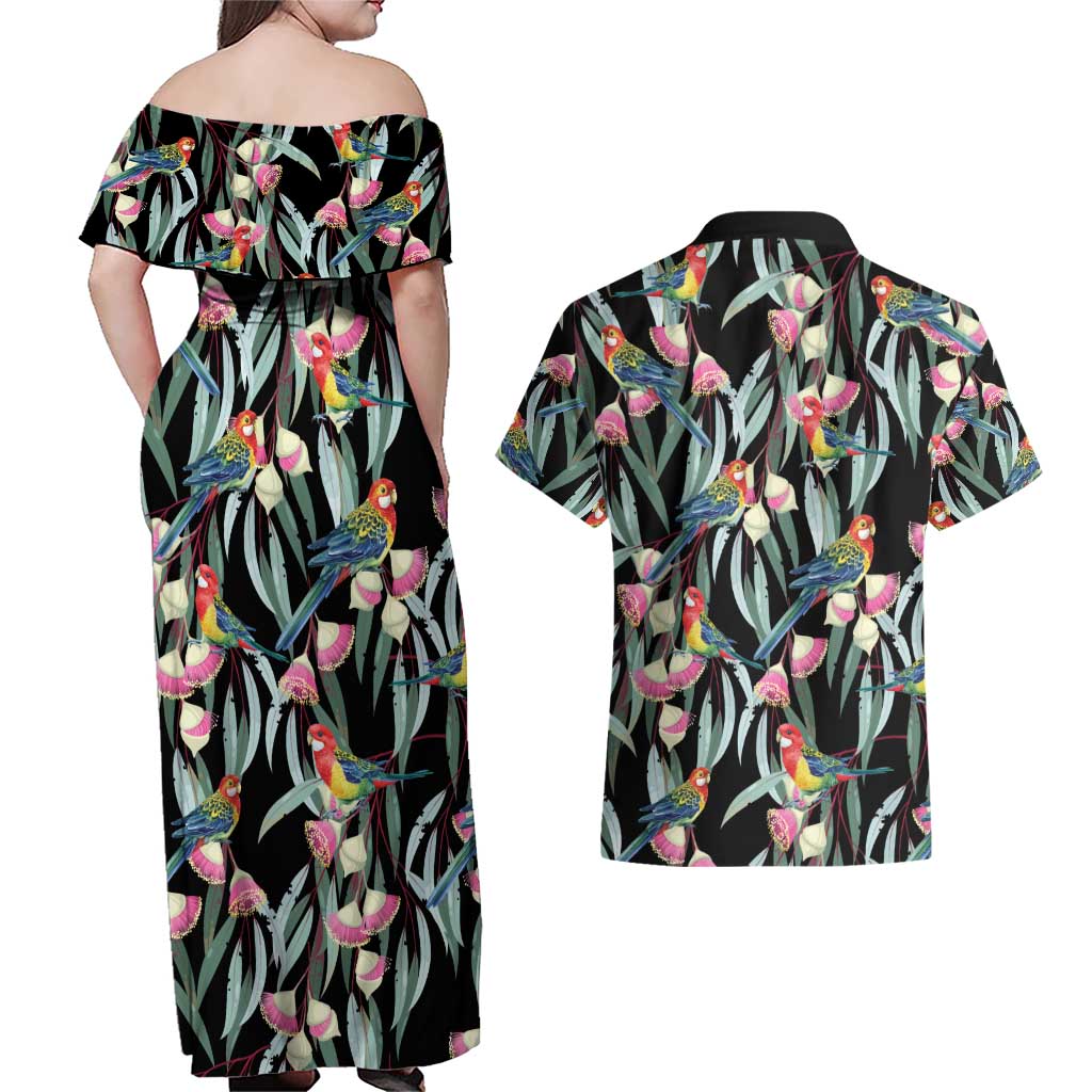 Eastern Rosella Australia Couples Matching Off Shoulder Maxi Dress and Hawaiian Shirt Eucalyptus Blossom Seamless Style - Aussie Hoodie