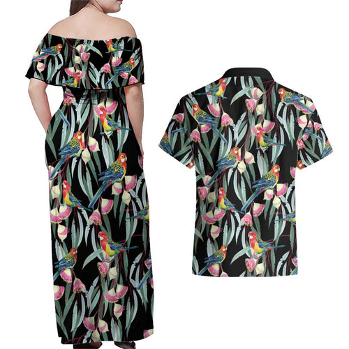 Eastern Rosella Australia Couples Matching Off Shoulder Maxi Dress and Hawaiian Shirt Eucalyptus Blossom Seamless Style - Aussie Hoodie