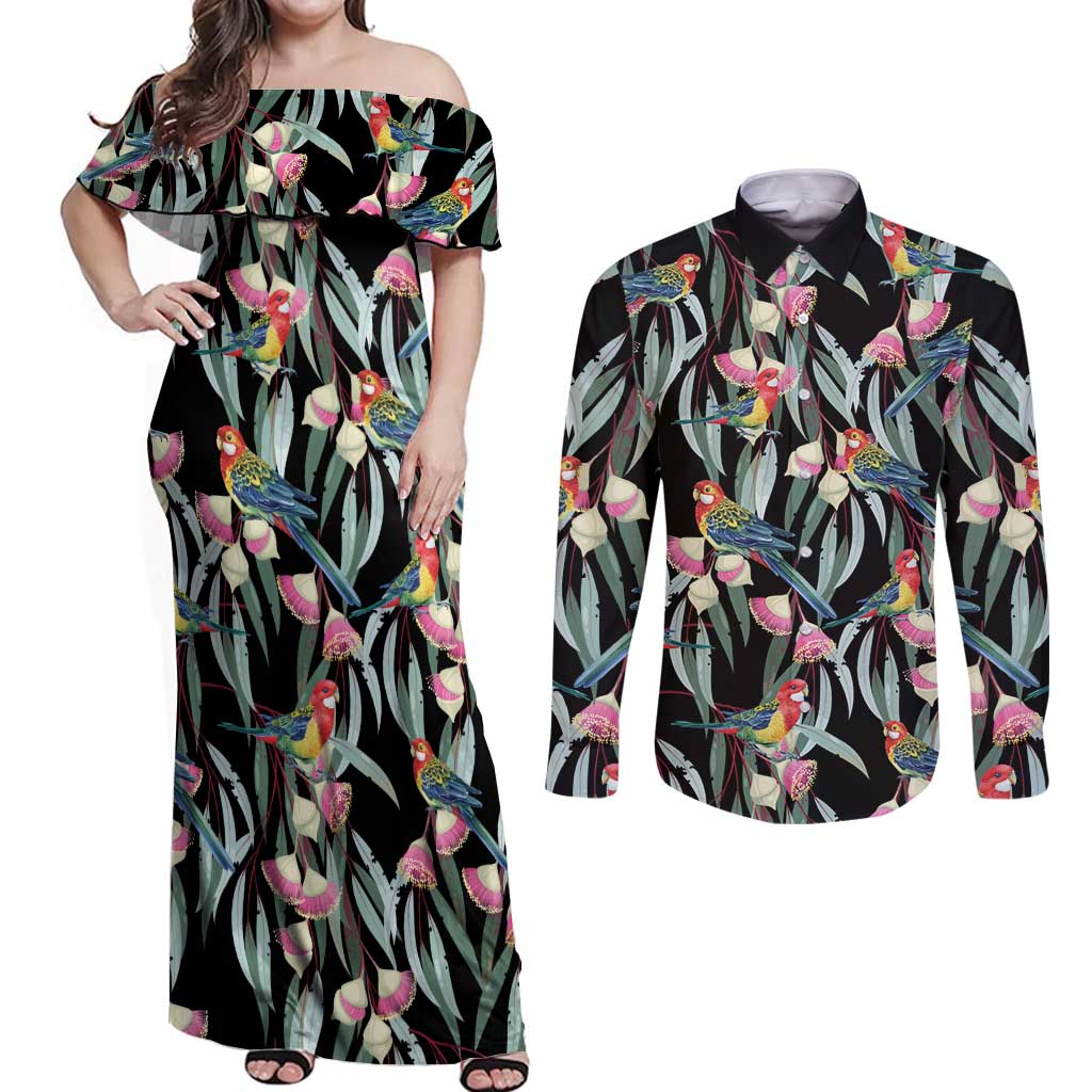 Eastern Rosella Australia Couples Matching Off Shoulder Maxi Dress and Long Sleeve Button Shirt Eucalyptus Blossom Seamless Style - Aussie Hoodie