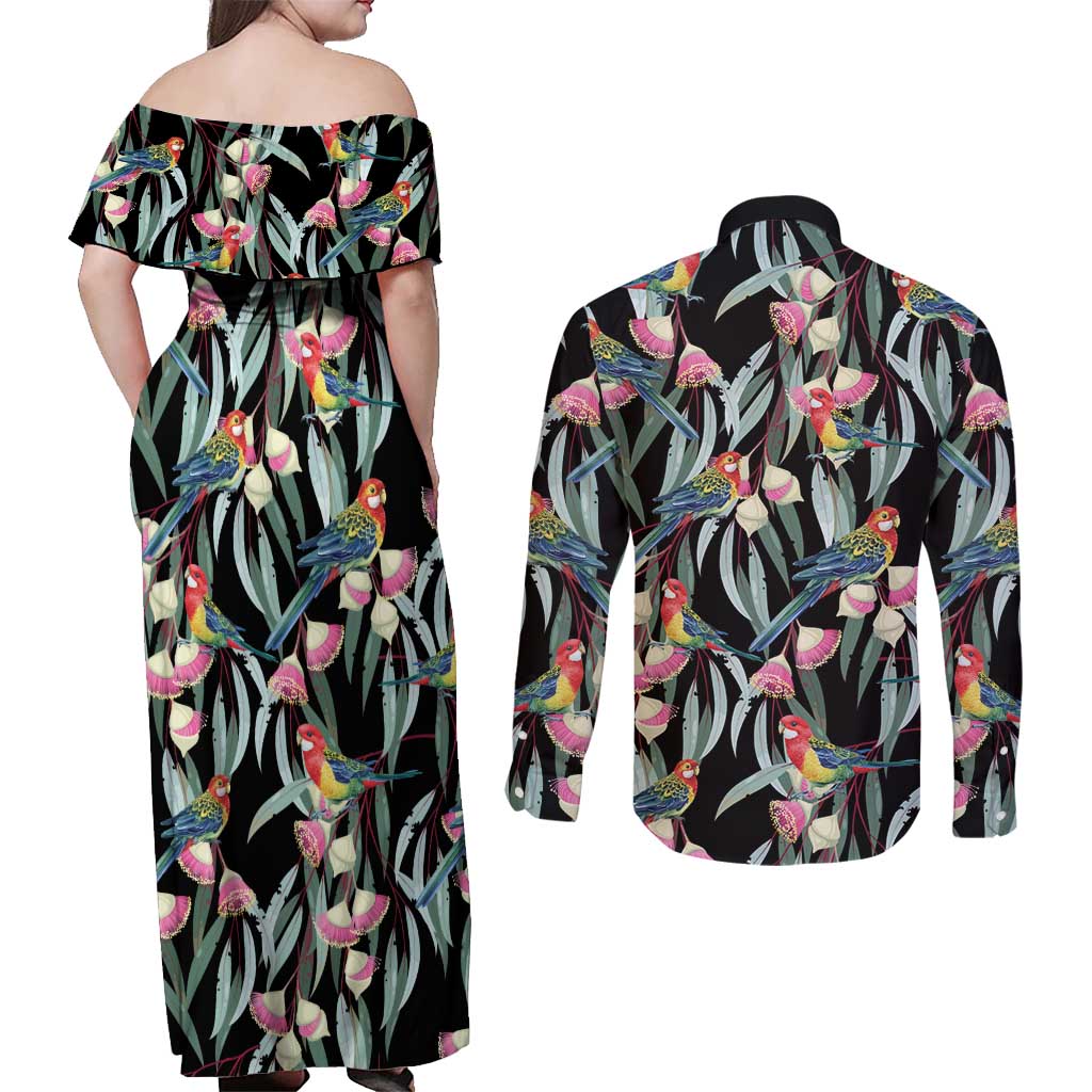 Eastern Rosella Australia Couples Matching Off Shoulder Maxi Dress and Long Sleeve Button Shirt Eucalyptus Blossom Seamless Style - Aussie Hoodie
